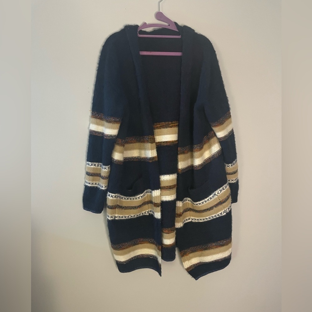 Fate longline thick striped cardigan with hood , navy tan orange